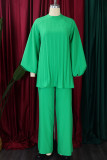 Green Casual Solid Patchwork Pleated O Neck Plus Size Two Pieces
