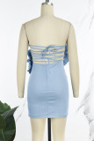 Blue Sexy Solid Backless Strapless Wrapped Skirt Dresses