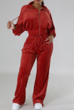 Red Casual Solid Basic Zipper Collar Long Sleeve Two Pieces