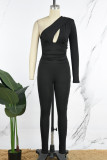 Black Sexy Solid Hollowed Out Backless Oblique Collar Skinny Jumpsuits