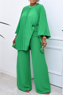 Green Casual Solid Patchwork Pleated O Neck Plus Size Two Pieces