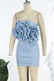 Blue Sexy Solid Backless Strapless Wrapped Skirt Dresses