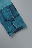 Blue Casual Print Basic V Neck Long Sleeve Plus Size Dresses