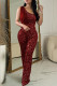 Burgundy Casual Patchwork Sequins Backless Oblique Collar Skinny Jumpsuits