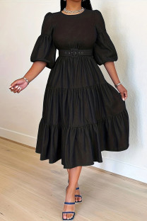 Black Casual Solid With Belt O Neck A Line Plus Size Dresses