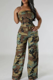 Camouflage Street Camouflage Print Patchwork Pocket Buttons Zipper Strapless Two Pieces