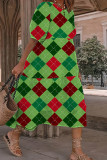 Red Green Casual Plaid Rhombic Printing O Neck Short Sleeve Dress Dresses