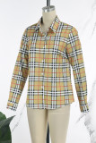 Camel Casual Plaid Print Basic Shirt Collar Tops