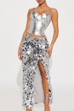Silver Sexy Solid Patchwork High Opening Straight Mid Waist Straight Else Bottoms