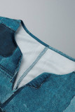 Blue Casual Print Basic V Neck Long Sleeve Plus Size Dresses