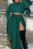 Green Casual Solid Patchwork Slit Zipper Plus Size High Waist Skirt