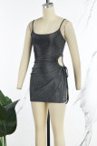 Silver Sexy Solid Hollowed Out Frenulum Backless Slit Spaghetti Strap Sleeveless Dress Dresses