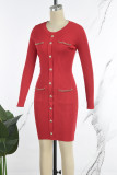 Red Casual Solid Basic O Neck Long Sleeve Dresses