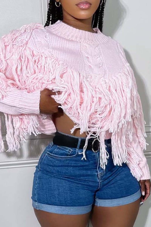 Pink Casual Solid Tassel O Neck Tops