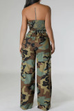 Camouflage Street Camouflage Print Patchwork Pocket Buttons Zipper Strapless Two Pieces
