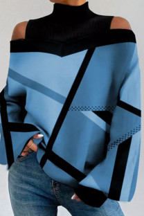 Blue Casual Geometric Patchwork Backless Contrast Turtleneck Tops