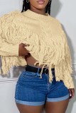 Tangerine Red Casual Solid Tassel O Neck Tops