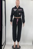 Black Casual Embroidery Patchwork Zipper Hooded Collar Long Sleeve Two Pieces