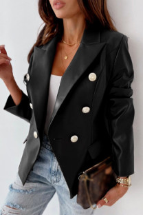Black Casual Solid Cardigan Turn-back Collar Outerwear