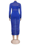 Blue Casual Solid See-through Half A Turtleneck Long Sleeve Three Piece Set