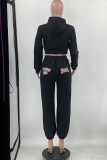 Black Casual Embroidery Patchwork Zipper Hooded Collar Long Sleeve Two Pieces