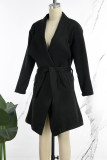 Black Casual Solid With Belt Turndown Collar Outerwear
