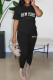 Black Casual Letter Print Basic O Neck Short Sleeve Two Pieces