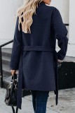 Navy Blue Casual Solid With Belt Turndown Collar Outerwear