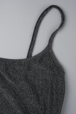 Silver Sexy Solid Hollowed Out Frenulum Backless Slit Spaghetti Strap Sleeveless Dress Dresses
