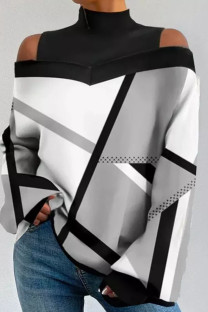 Grey Casual Geometric Patchwork Backless Contrast Turtleneck Tops
