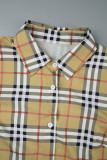 Camel Casual Plaid Print Basic Shirt Collar Tops