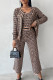 Brown Celebrities Print Patchwork Pocket Buckle O Neck Long Sleeve Three Pieces