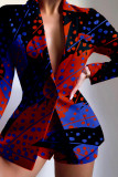 Red Casual Print Basic Turn-back Collar Long Sleeve Two Pieces