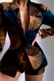 Red Casual Print Basic Turn-back Collar Long Sleeve Two Pieces