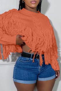 Tangerine Red Casual Solid Tassel O Neck Tops
