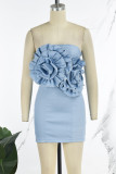 Blue Sexy Solid Backless Strapless Wrapped Skirt Dresses