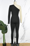 Black Sexy Solid Hollowed Out Backless Oblique Collar Skinny Jumpsuits