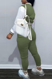 Army Green Casual Solid Patchwork Buckle Long Sleeve Two Pieces