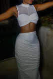 White Casual Solid Patchwork Half A Turtleneck Sleeveless Two Pieces