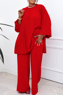 Red Casual Solid Patchwork Pleated O Neck Plus Size Two Pieces