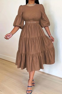 Coffee Casual Solid With Belt O Neck A Line Plus Size Dresses