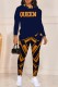 Deep Blue Casual Print Basic O Neck Long Sleeve Two Pieces