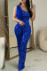 Blue Casual Patchwork Sequins Backless Oblique Collar Skinny Jumpsuits