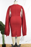 Red Casual Solid Fold O Neck Pencil Skirt Plus Size Dresses
