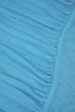 Blue Sexy Solid Patchwork Fold Turtleneck Pleated Dresses