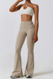 Light Brown Sportswear Solid Patchwork Halter Boot Cut Jumpsuits