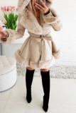 White Casual Solid With Belt Hooded Collar Outerwear