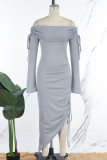 Grey Casual Solid Draw String Frenulum Off the Shoulder Long Sleeve Dresses