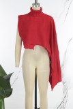 Red Casual Solid Slit Asymmetrical Turtleneck Tops