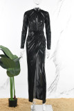 Black Sexy Solid Slit Turtleneck Long Dress Dresses